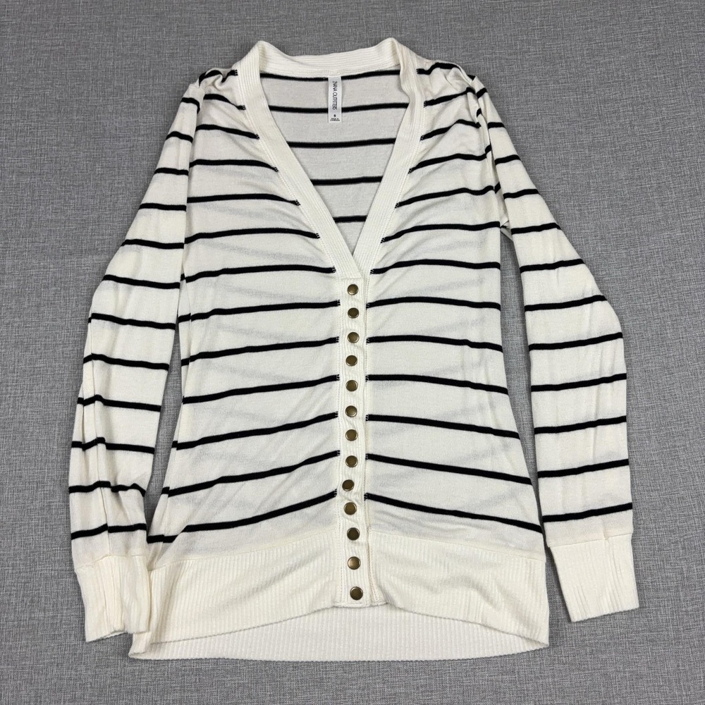 Zenana Outfitters Sweater Womens Small White Striped V Neck Henley Ribbed Knit